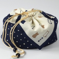 Cotton fabric bento bag with drawstring ties and stylish cat design