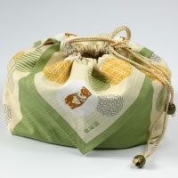 Cotton fabric bento bag with drawstring ties and shiba inu dog design