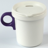 Japanese enamelware camping mug with lid and purple detachable handle