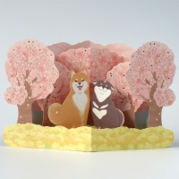 Pop up greetings card with shiba inu dogs sitting under pink cherry blossom trees